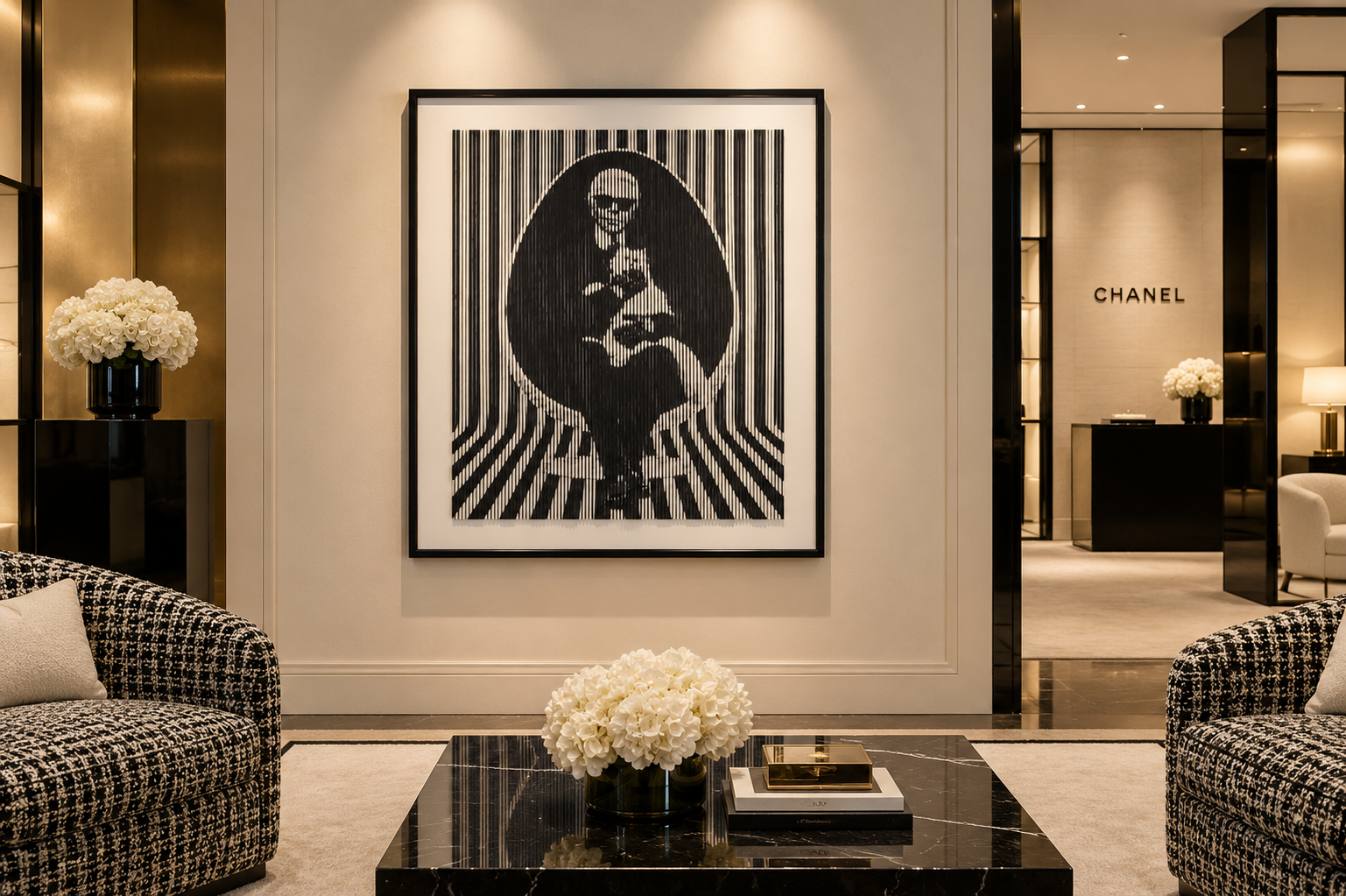 Mise en situation — Karl Lagerfeld — simulation dans un salon avec enseigne Chanel